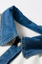 Light Grey Denim Patchwork Polo Collar Elastic Waist Sleeveless Romper