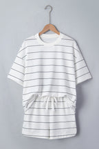 White Stripe Half Sleeve Tee Drawstring Shorts 2pcs Set