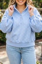 Sky Blue Polka Dot V Neck Metal Button Long Sleeve Shift Plus Size Sweatshirt