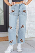Beau Blue Sequin Detail Patched Rugby Pattern Raw Hem Shift Jeans