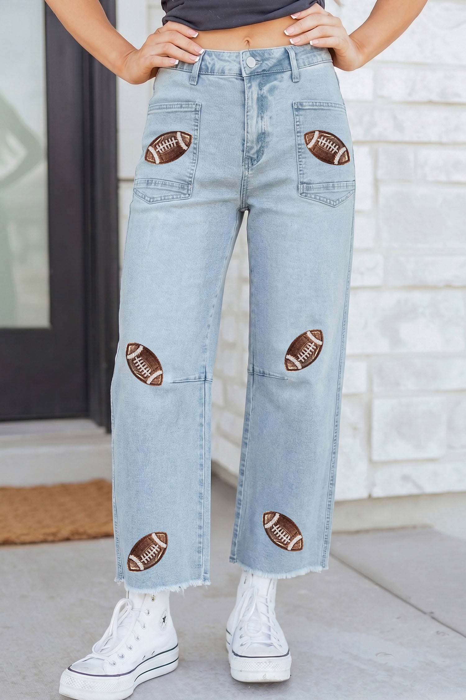 Beau Blue Sequin Detail Patched Rugby Pattern Raw Hem Shift Jeans