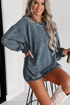 Khaki Solid Ribbed Knit Round Neck Pullover Sweatshirt