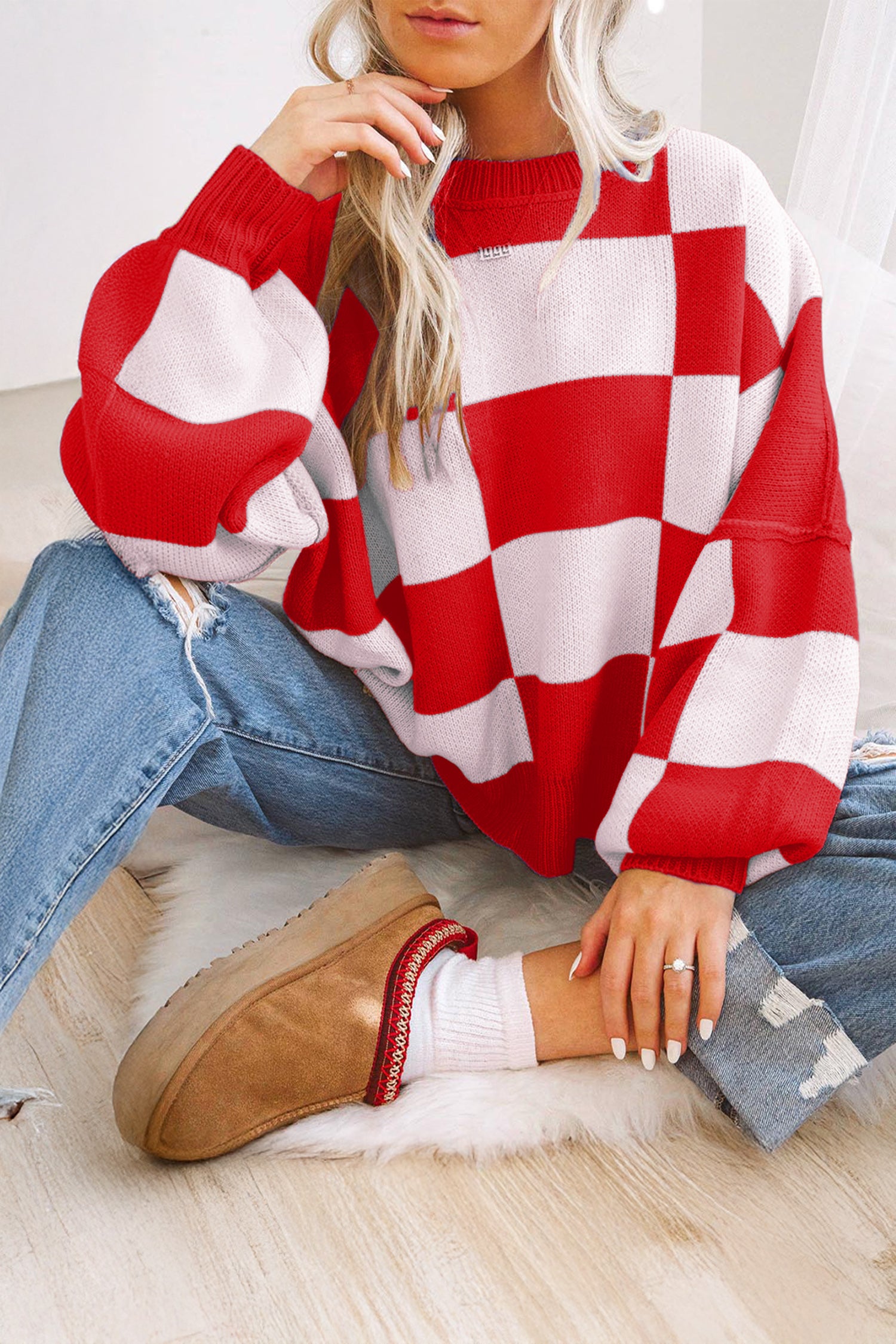 Khaki Checkered Bishop Sleeve Sweater