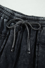 Black Mineral Wash Raw Seam Drawstring Elastic Waist Barrel Pants