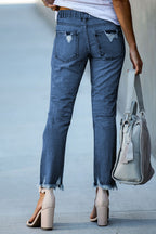 Dark Blue Elastic Waist Straight Leg Destroyed Raw Hem Jeans