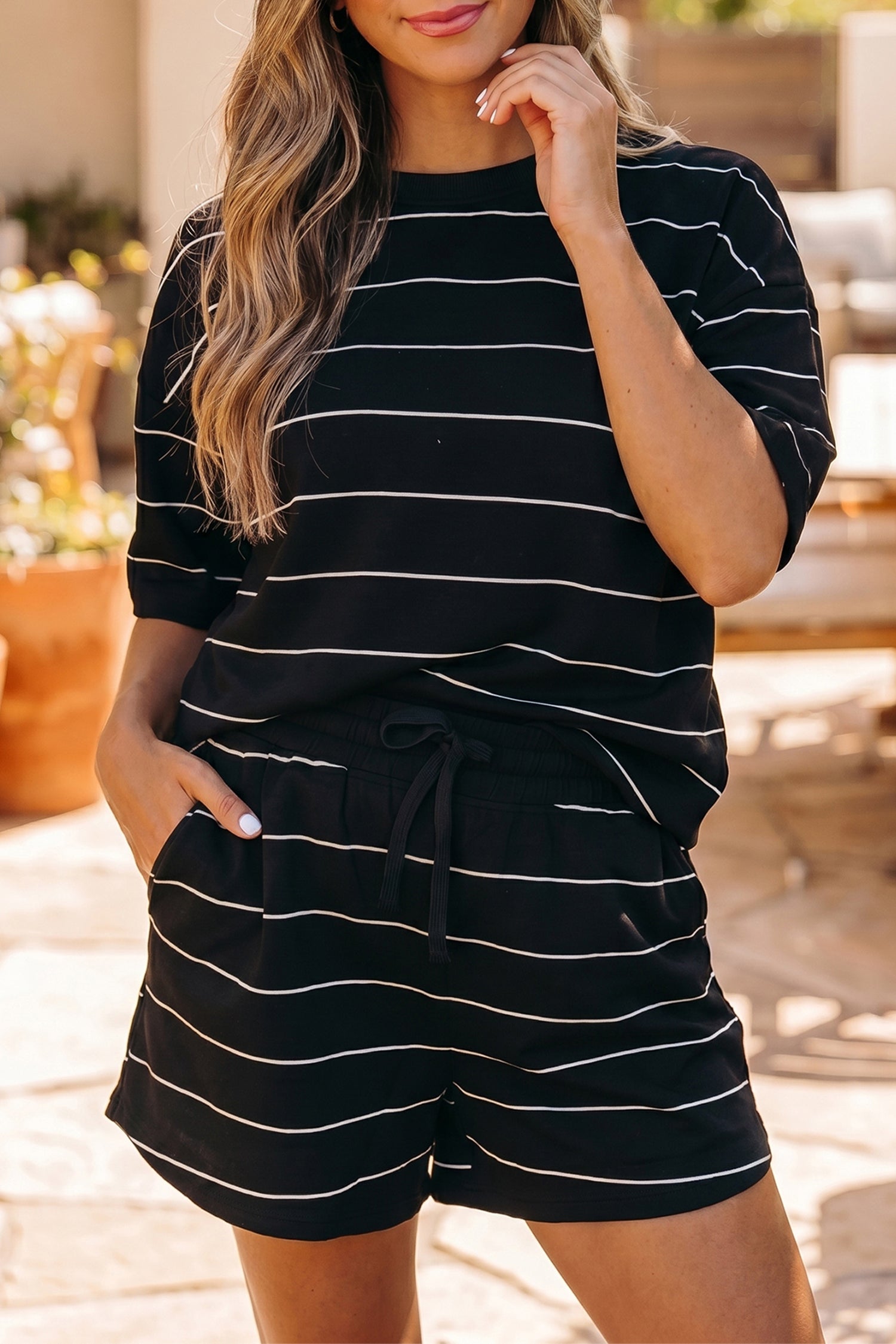 White Stripe Half Sleeve Tee Drawstring Shorts 2pcs Set