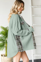 Grass Green Plaid Patchwork Waffle Thermal Knit Shacket