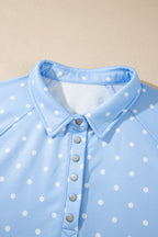 Sky Blue Polka Dot V Neck Metal Button Long Sleeve Shift Plus Size Sweatshirt