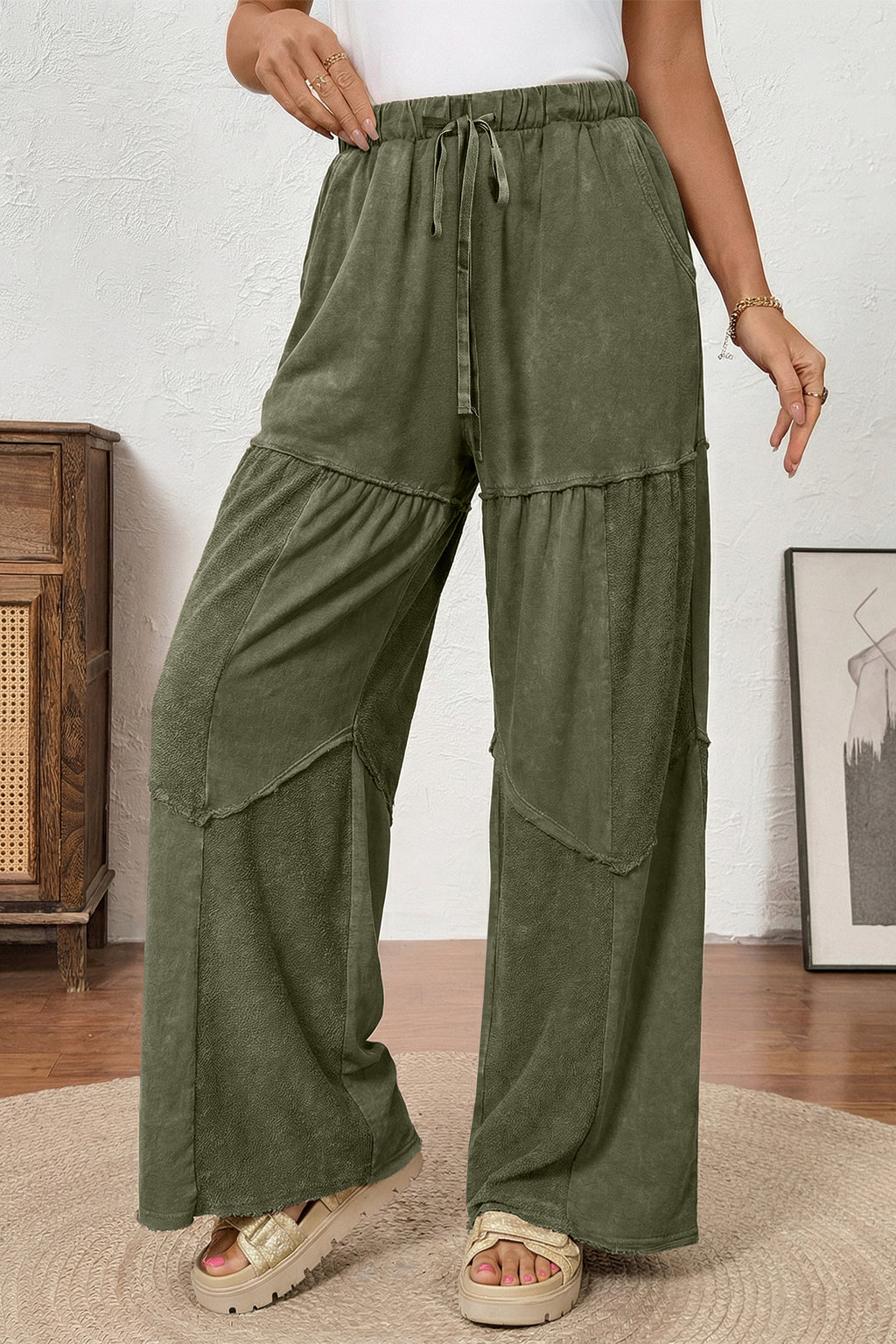 Black Mineral Wash Tiered Wide Leg Patchwork Drawstring Pants