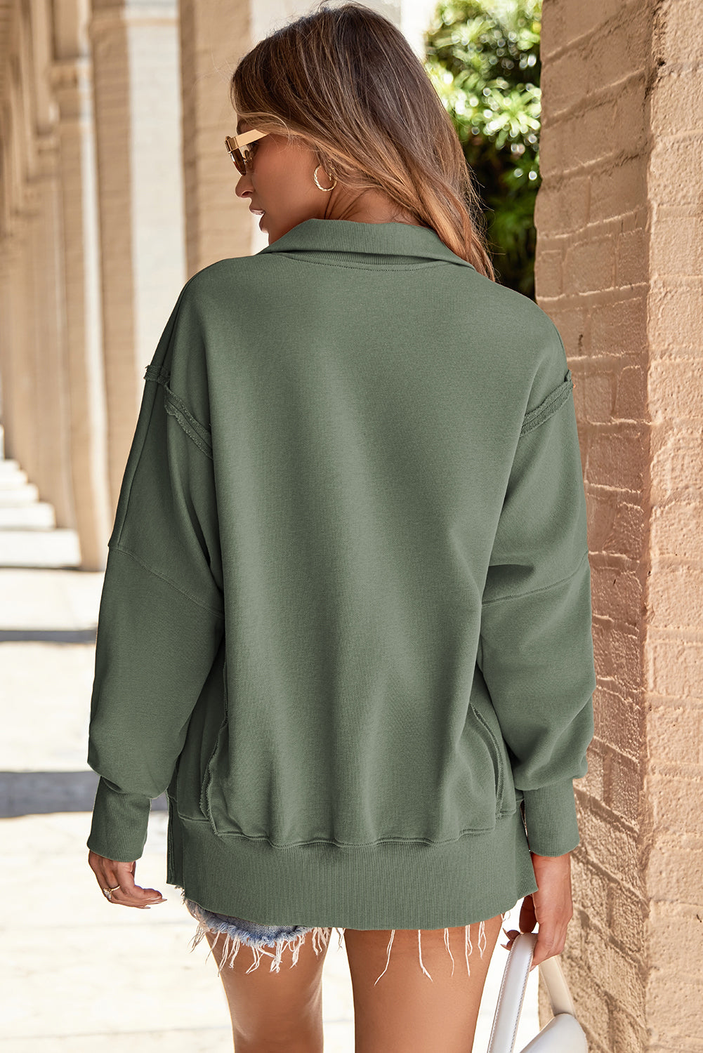 Light Blue Buttoned Collared Raw Detail High Low Baggy Sweatshirt with Slits
