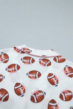 White Rugby Print Short Sleeve Button Down Top Loose Pants Game Day Pajama Set