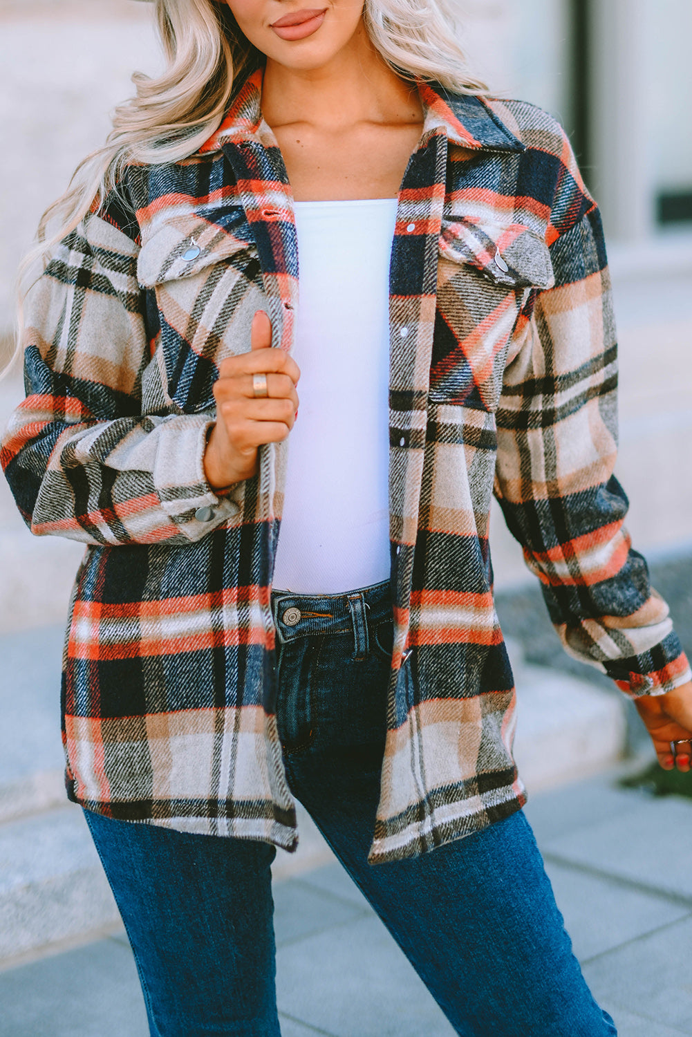 Orange Geometric Plaid Print Pocketed Shacket