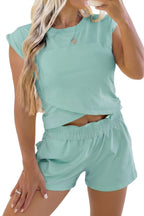 Mist Blue Solid Short Sleeve Elastic Waist Pocket Casual Two Piece Short Set