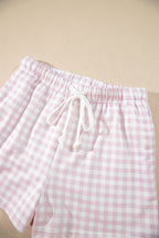 Pink Plaid Baggy Pullover Drawstring Casual Shorts 2pcs Outfit