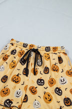 Orange Long Sleeve Ruffle Pumpkin Face Print Two Piece Lounge Set
