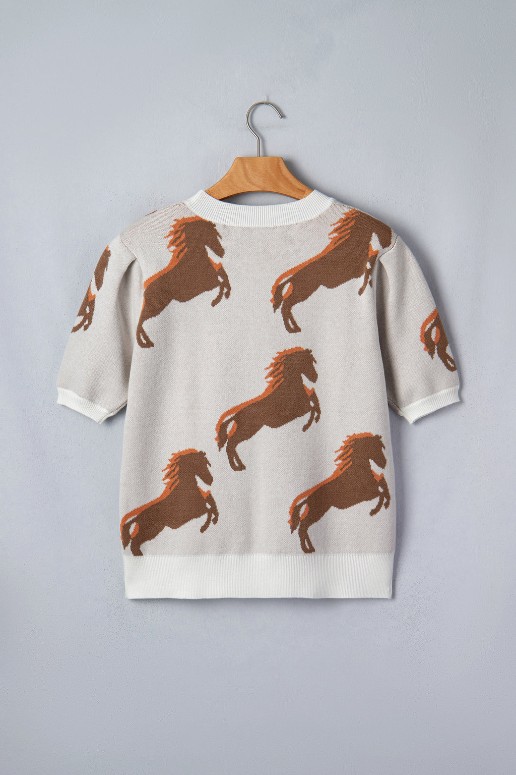 White Western Horse Printed Short Puff Sleeve Sweater