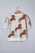 White Western Horse Printed Short Puff Sleeve Sweater