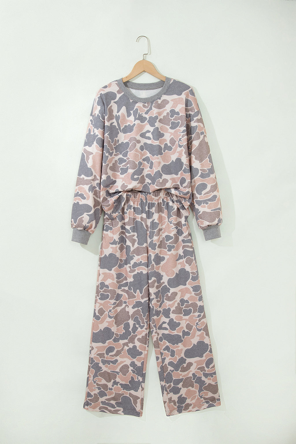 Multicolour Camouflage Print Long Sleeve Top Loose 2pcs Pants Set