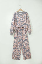 Multicolour Camouflage Print Long Sleeve Top Loose 2pcs Pants Set