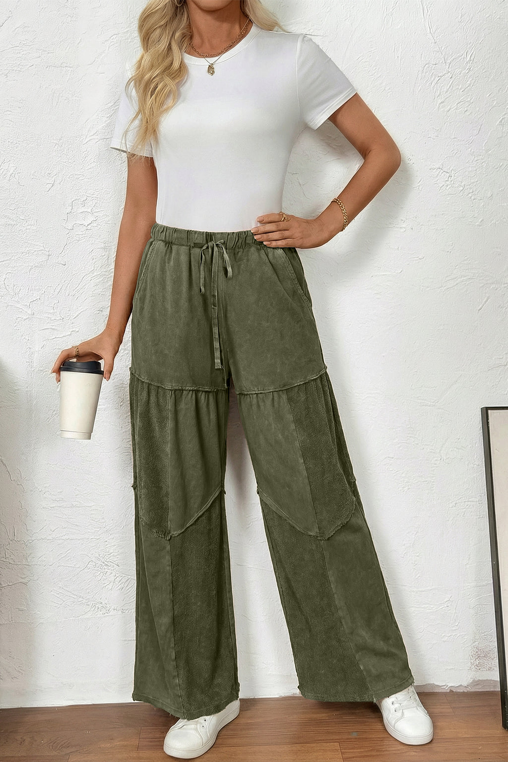 Black Mineral Wash Tiered Wide Leg Patchwork Drawstring Pants