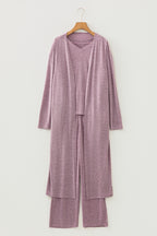 Dark Grey 3pcs V Neck T Shirt Ribbon Knot Pants Open Duster 3pcs Lounge Set