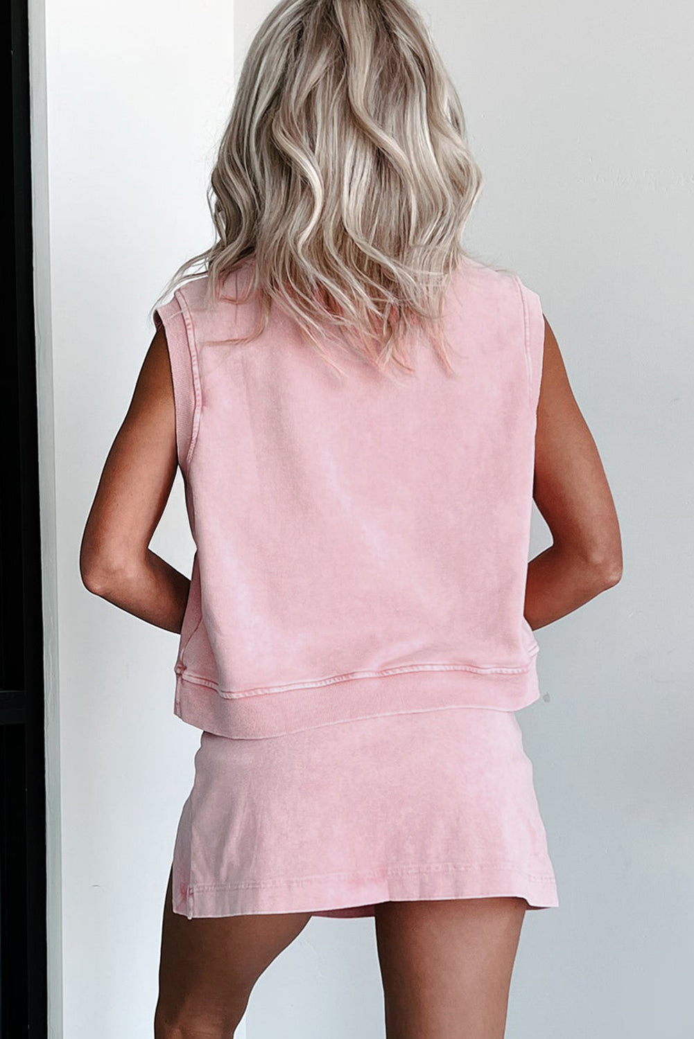 Light Pink Solid Color Washed Sleeveless Top Split Skort Cotton 2pcs Outfit