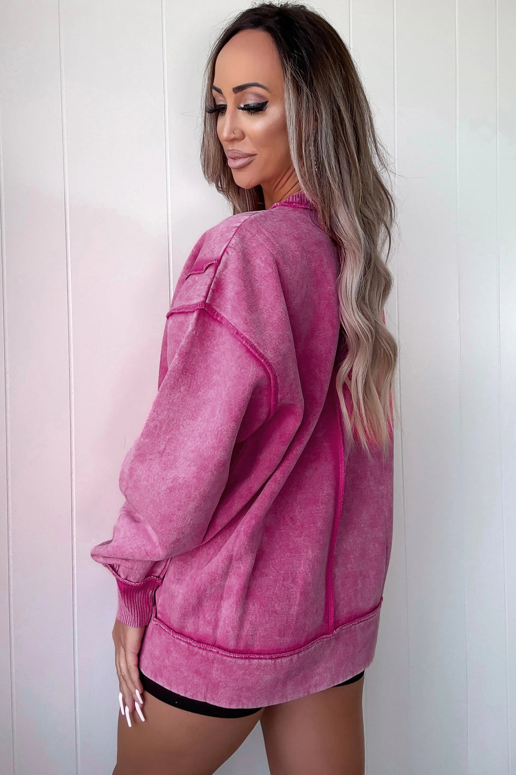 Red Sandalwood Mineral Wash Exposed Seam Side Slit Sweatshirt