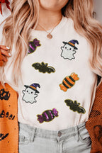White Sequined Halloween Spirit Pattern Patched Custom Casual Tee