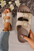Beige Embroidered Trim Retro Buckle Faux Suede Slippers
