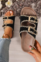 Beige Embroidered Trim Retro Buckle Faux Suede Slippers