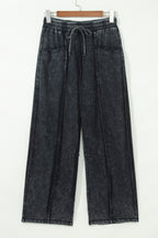 Black Mineral Wash Raw Seam Drawstring Elastic Waist Barrel Pants