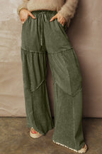Black Mineral Wash Tiered Wide Leg Patchwork Drawstring Pants
