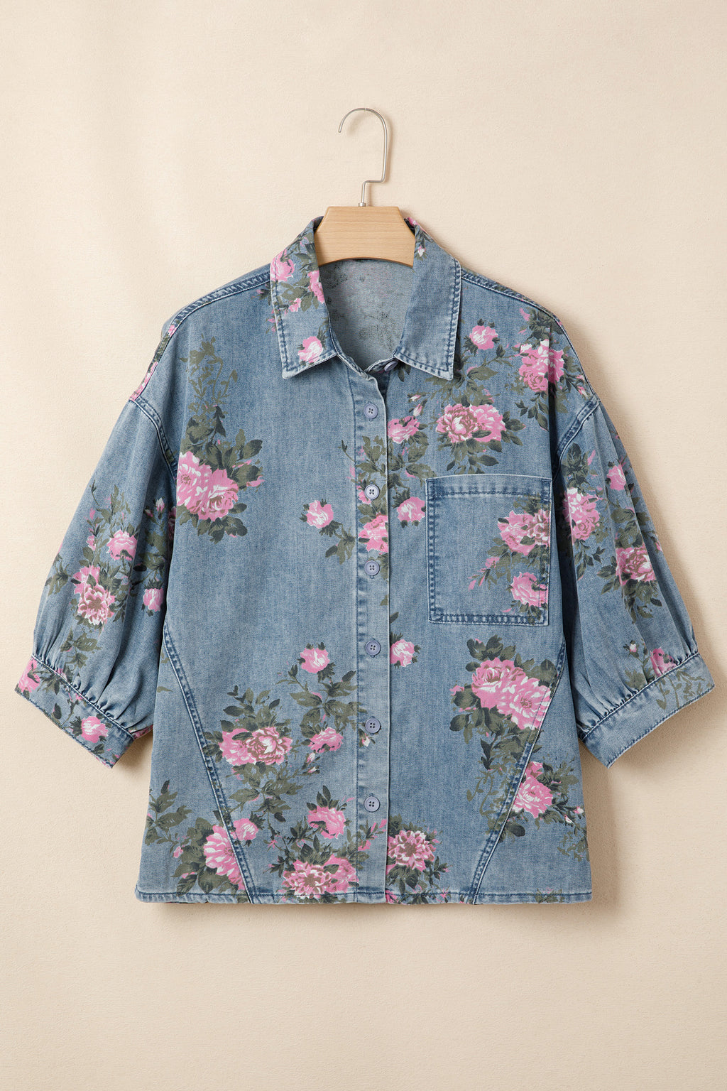 Blue Bracelet Sleeve Floral Denim Shirt