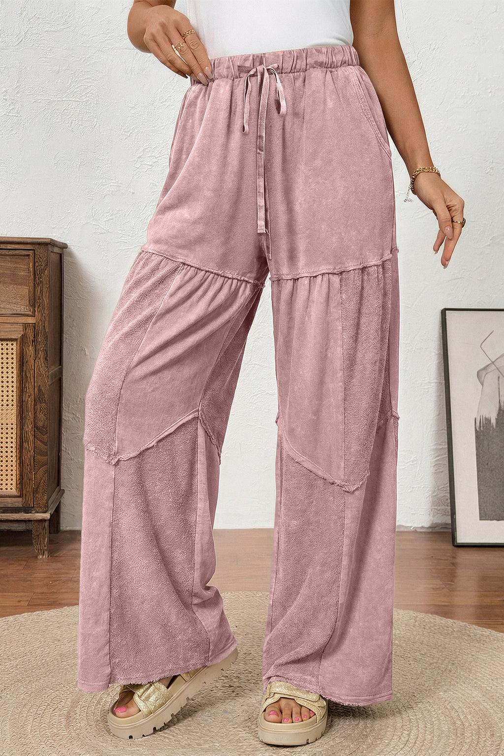 Black Mineral Wash Tiered Wide Leg Patchwork Drawstring Pants