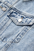 Sky Blue Lapel Distressed Raw Hem Buttons Denim Jacket