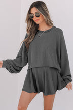 Sky Blue Corded Lantern Sleeve Top High Waist Ruffled Mini Skort Set