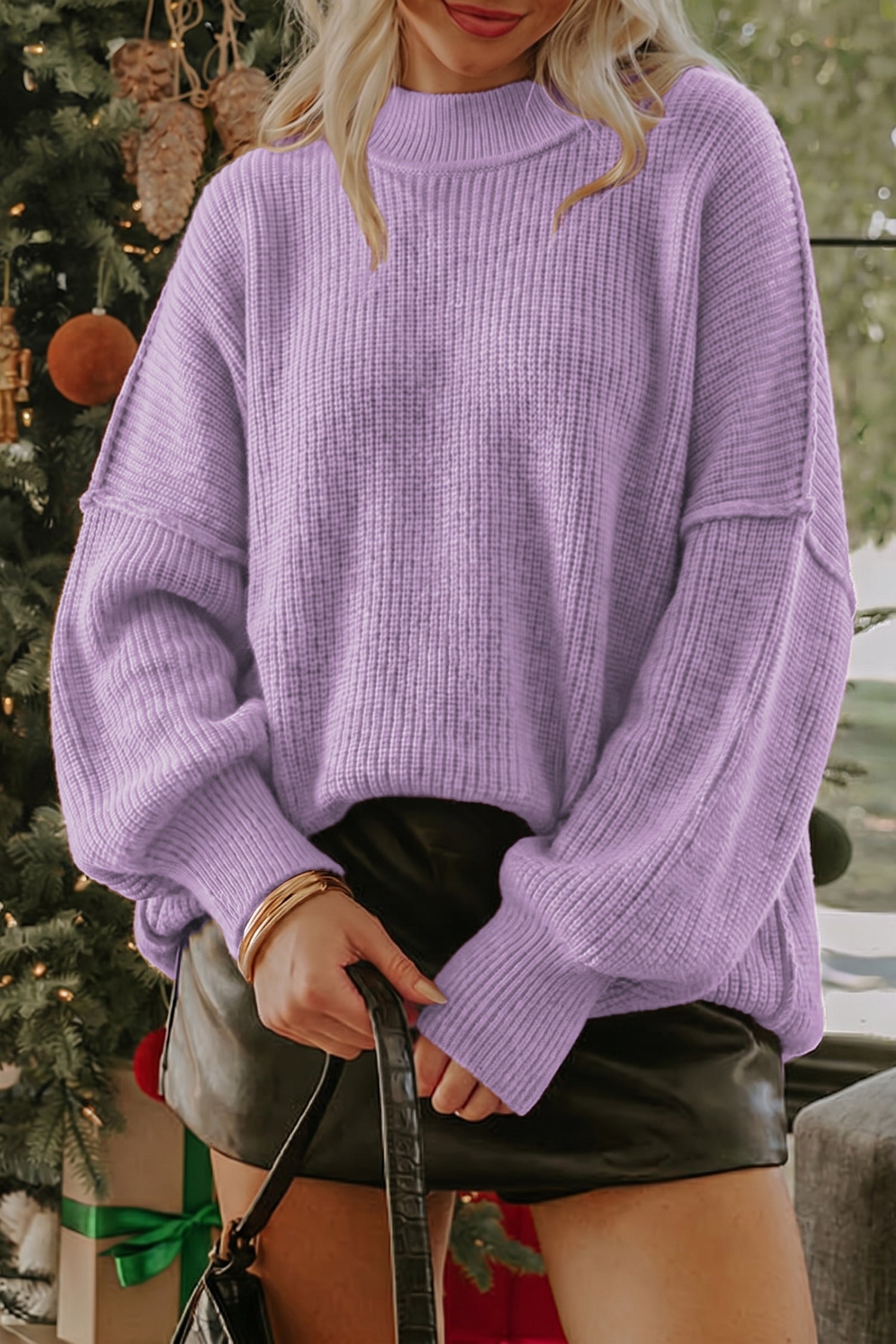 Chestnut Long Sleeve Ribbed Knit Stand Neck Regular Fit Sweater