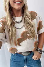 White Western Horse Printed Short Puff Sleeve Sweater