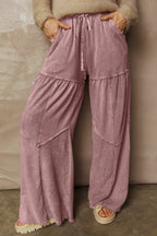 Black Mineral Wash Tiered Wide Leg Patchwork Drawstring Pants