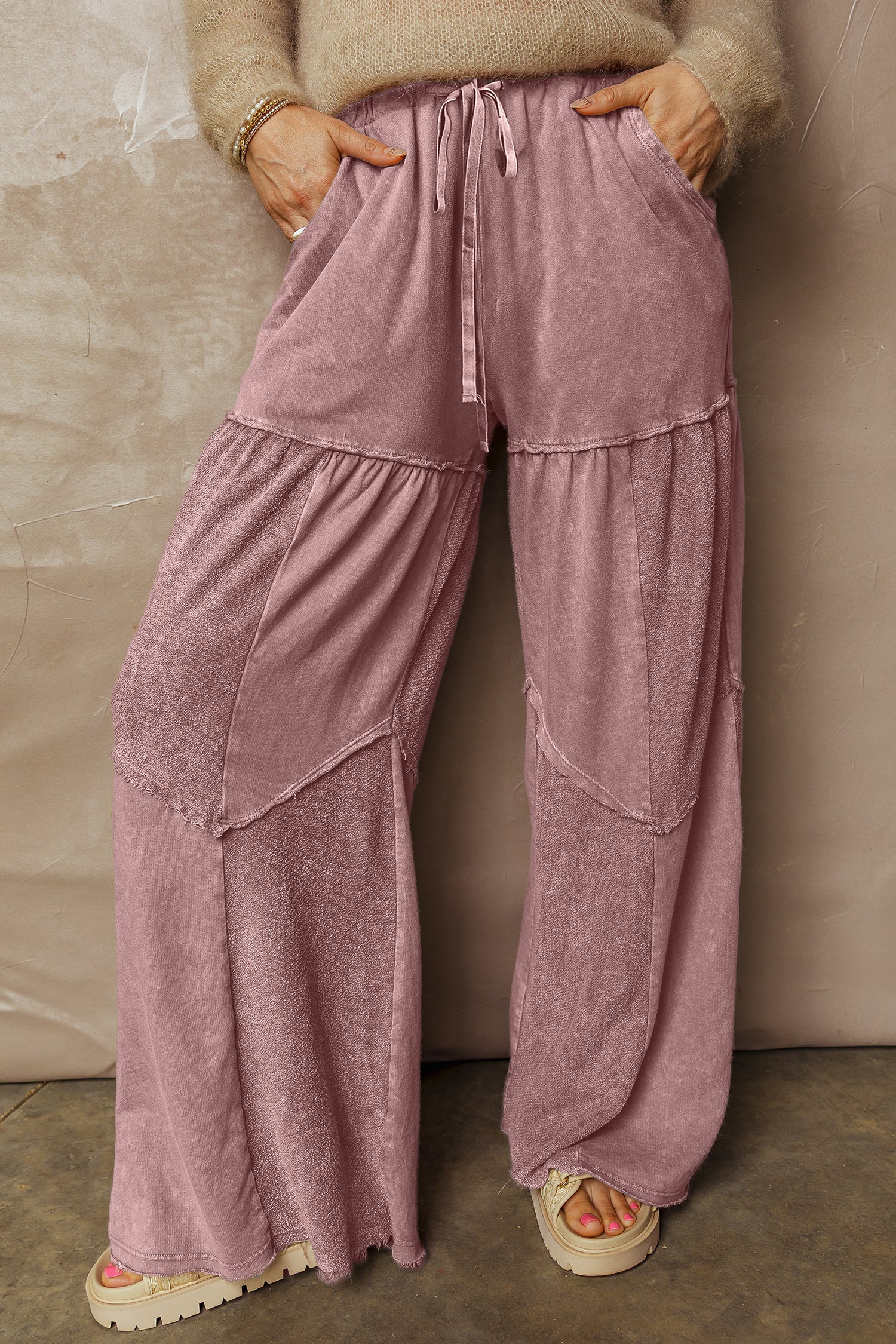 Black Mineral Wash Tiered Wide Leg Patchwork Drawstring Pants