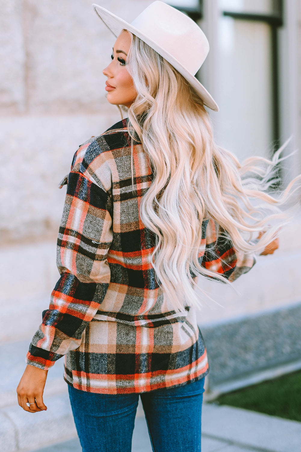 Orange Geometric Plaid Print Pocketed Shacket