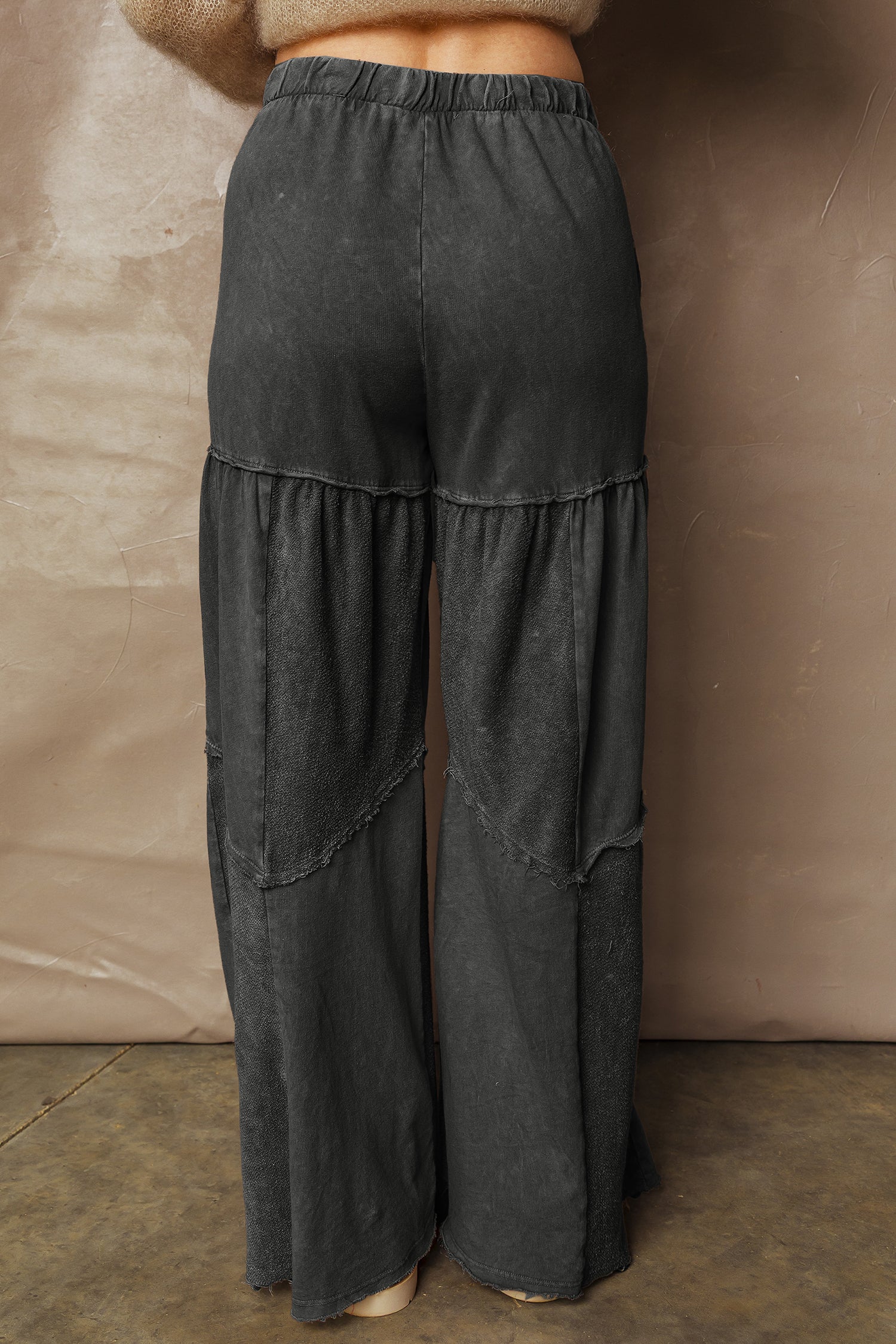 Black Mineral Wash Tiered Wide Leg Patchwork Drawstring Pants