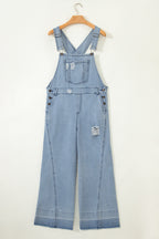 Mist Blue Retro Distressed Button Adjustable Straps Denim Overall Jumpsuit