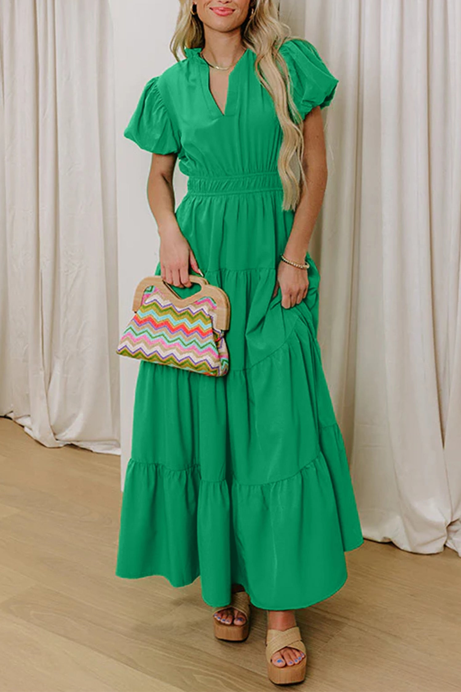 Coral Solid Color V Neck Short Puff Sleeve High Waist Tiered Maxi Dress