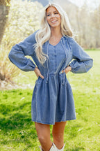 Myosotis Puff Sleeve V Neck Ruffled Loose Denim Mini Dress