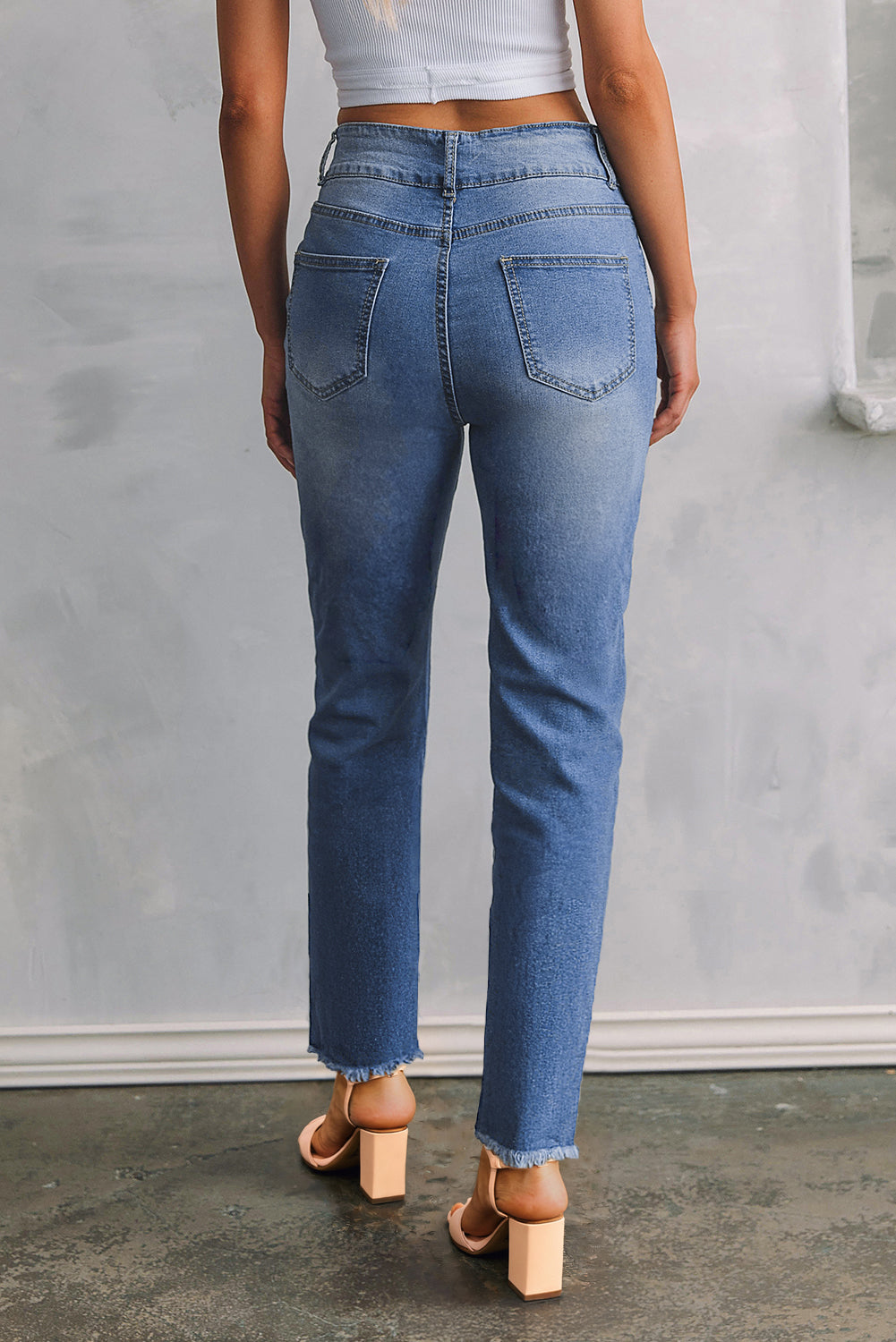 Sky Blue Double Button Raw Hem Slim Fit Jeans