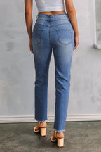 Sky Blue Double Button Raw Hem Slim Fit Jeans