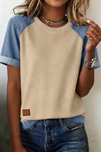 Beige Denim Color Block Patchwork Round Neck Tee