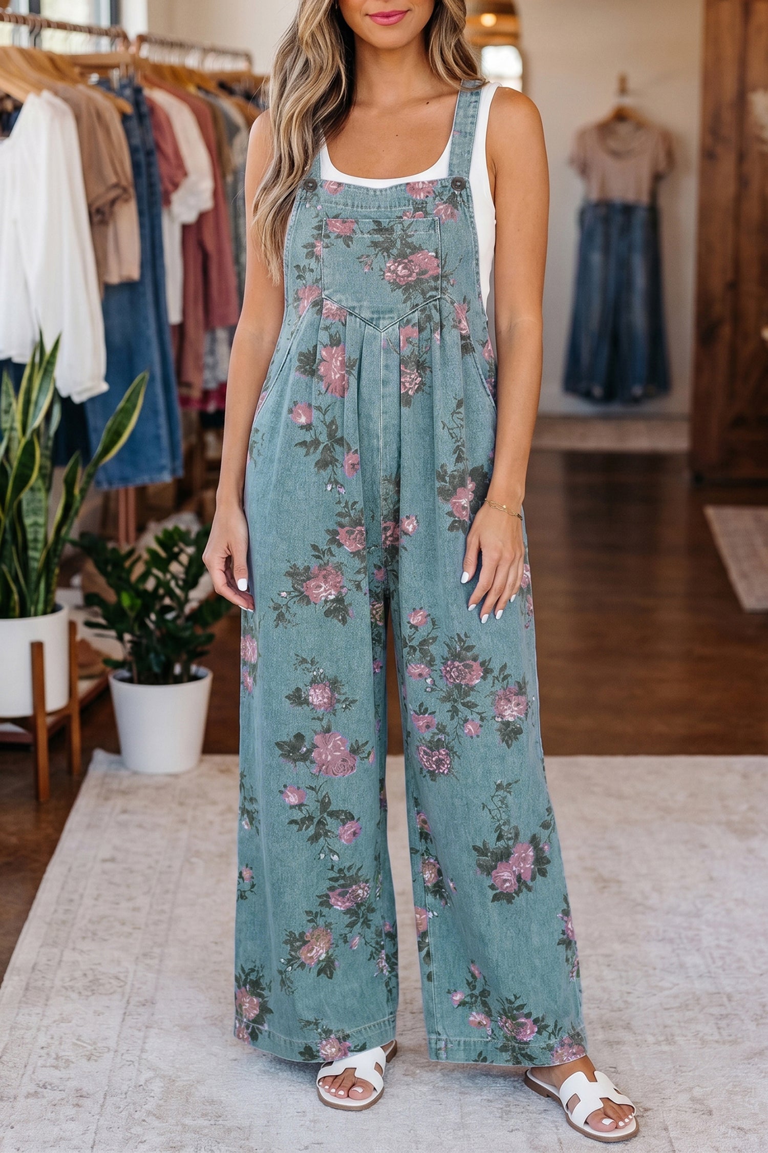 Beau Blue Floral Print Pleated High Waist Wide Leg Denim Jumpsuit