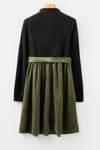 Black Ribbed Knit Slim Bodice Contrast Flared Skirt Patchwork Belted Dress